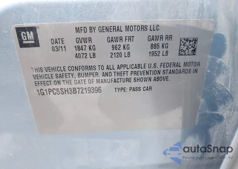 2011 Chevrolet Cruze Ls z USA, uszkodzony, nr VIN 1G1PC5SH3B7219396